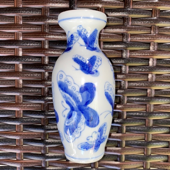 Vintage Other - Mini Blue and White Porcelain Butterfly Vase